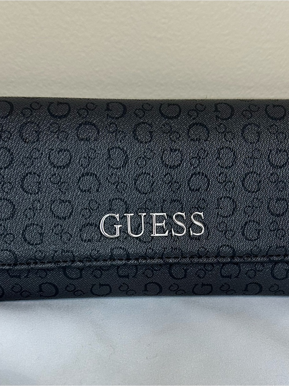 GUESS Black Monogram Fold Wallet with Silver Logo